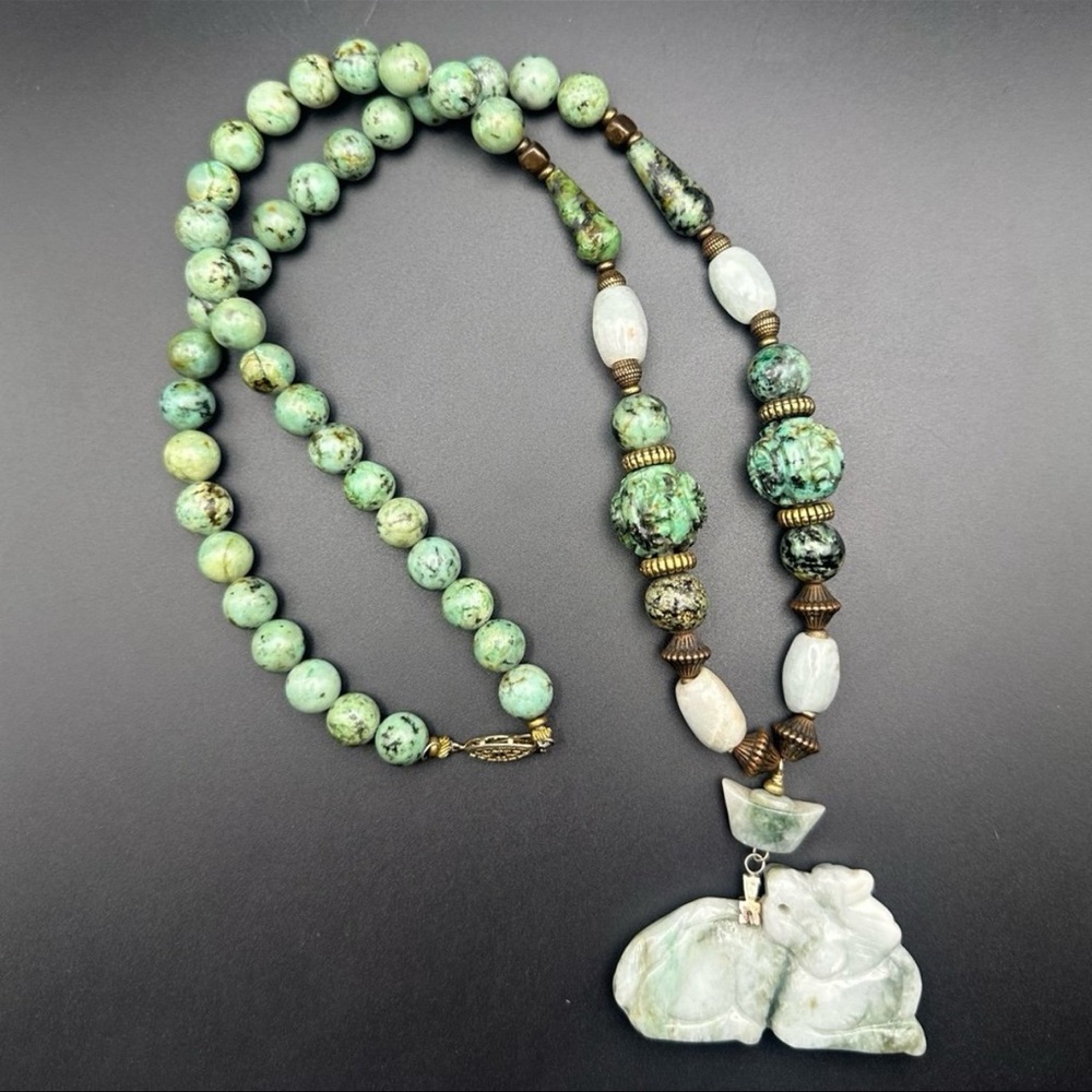 Vintage African Turquoise and Carved Jade Feng Shui Pixiu Necklace